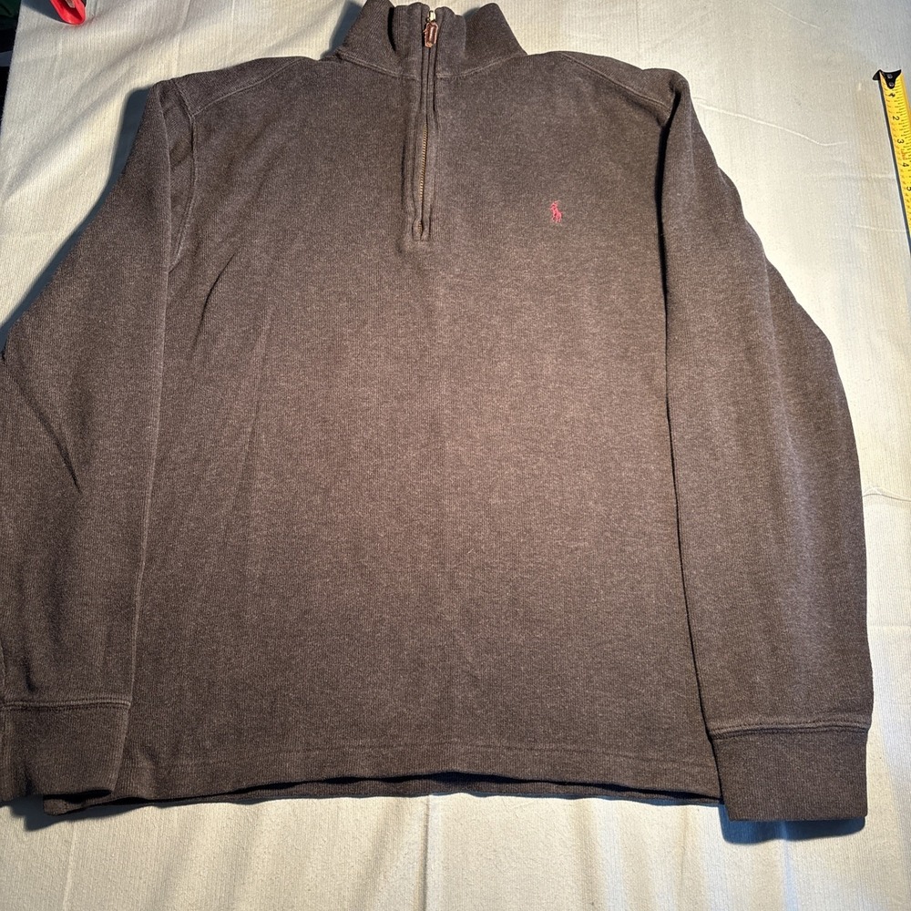 Polo Ralph Lauren Mens M Gray 1/4 Zip Cotton Pullover Sweater Pink Pony Logo